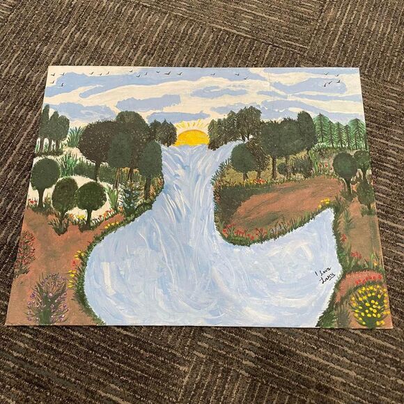 Original Hand Painted Painting Creek River Sun Trees Nature Sky 20x16 - HN - Picture 1 of 3